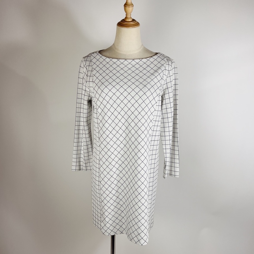 J. JILL Ponte Knit Grid Print Boatneck 3/4 Sleeve Tunic Top Womens Small